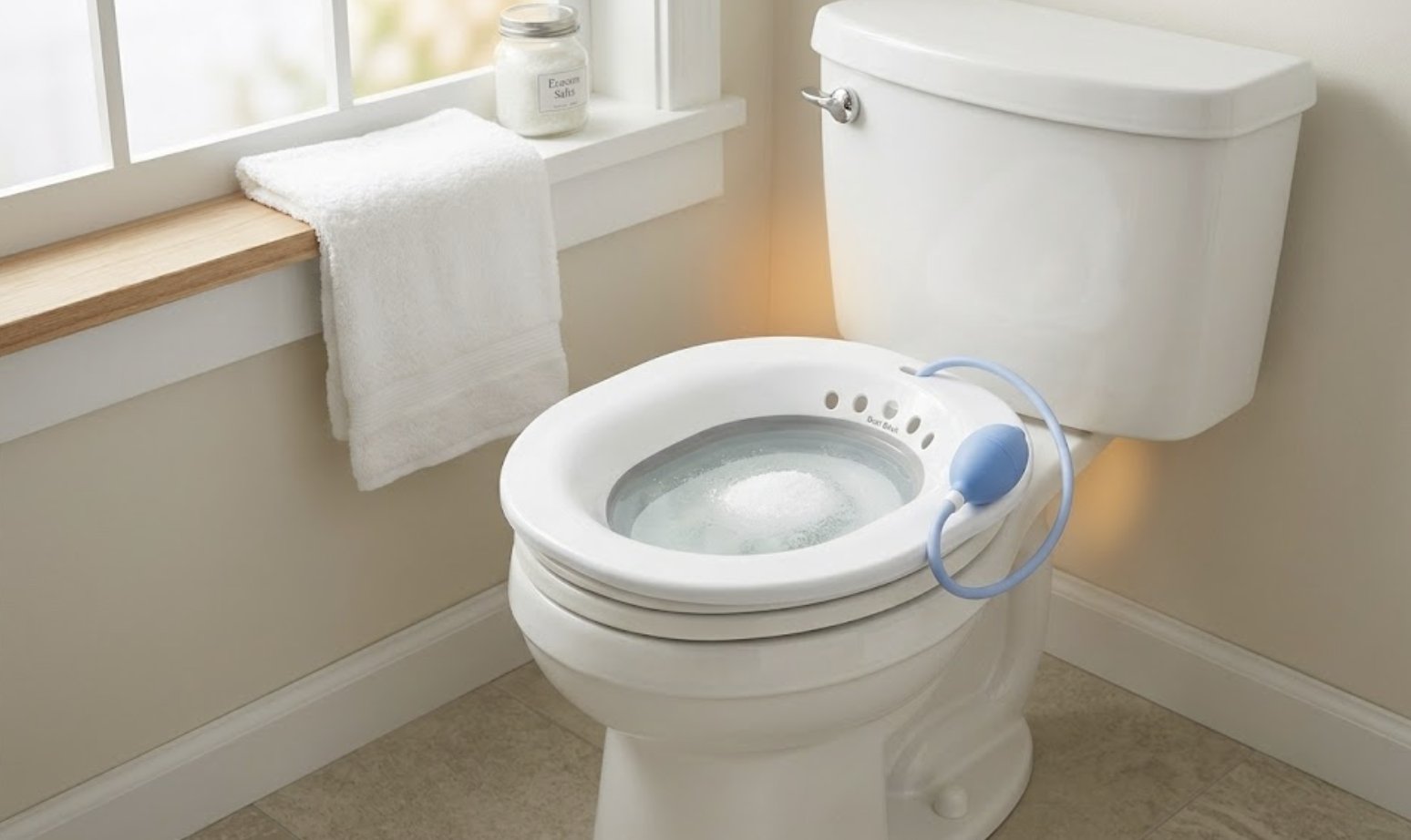 Bidé portátil AquaNési colocado en el inodoro, en un baño luminoso y limpio