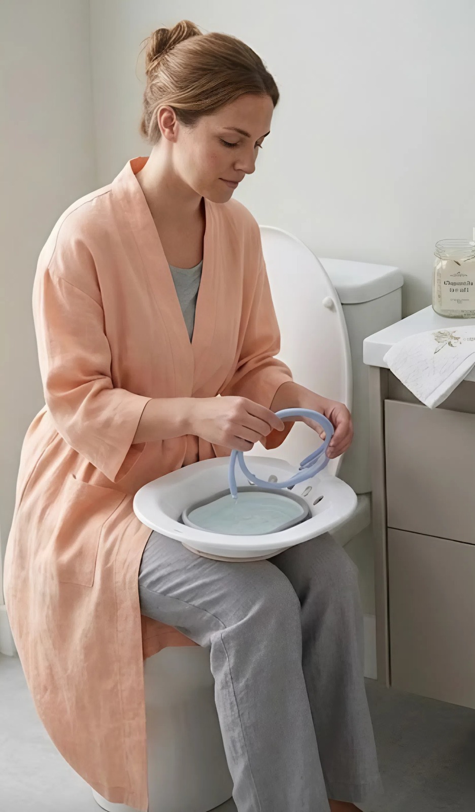 Mujer con bata usando suavemente el bidé portátil